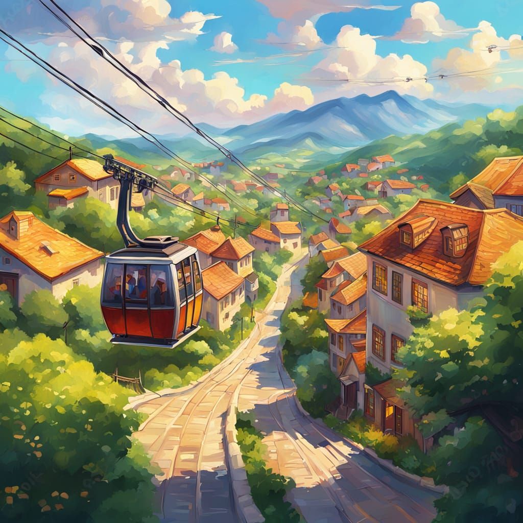 Cable Car Connects Villages in Golden Hour Sunlight