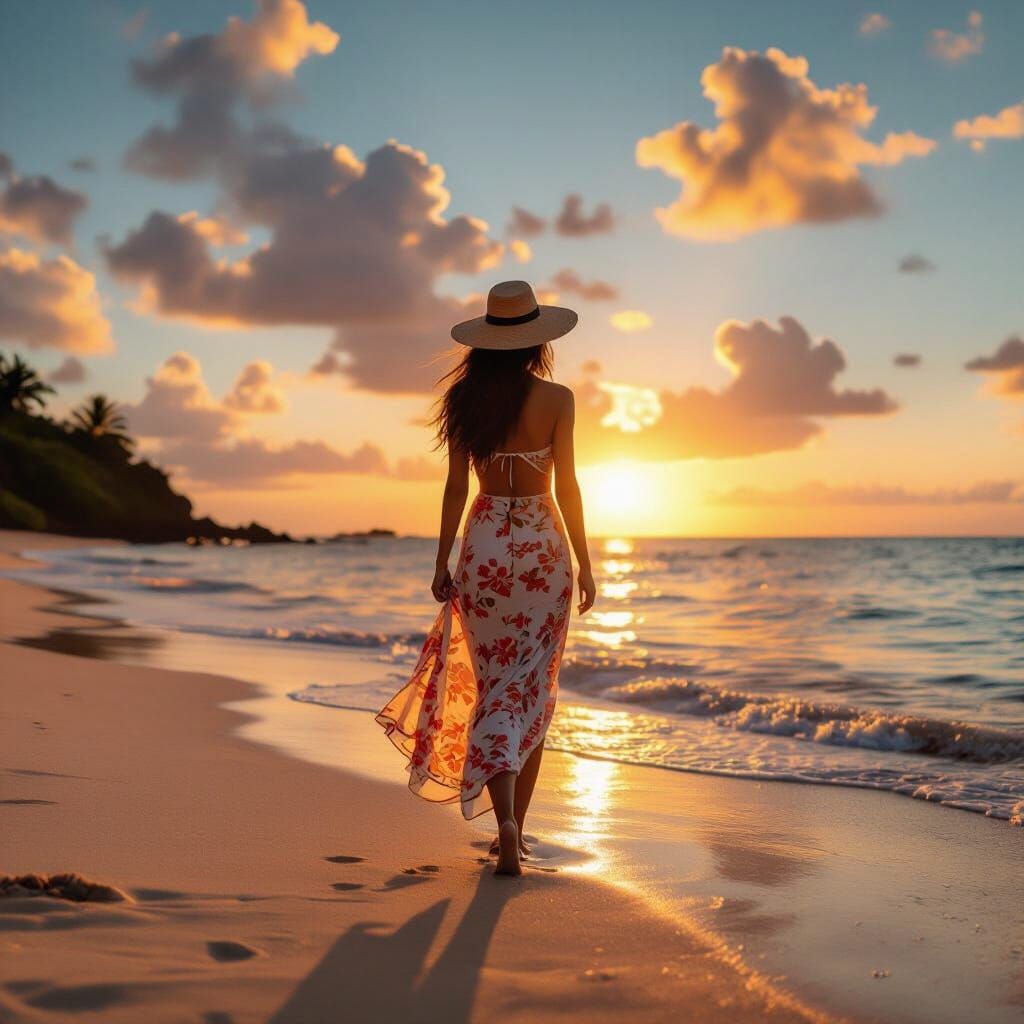 Giant Woman in Beachwear on Tropical Shore at Sunset