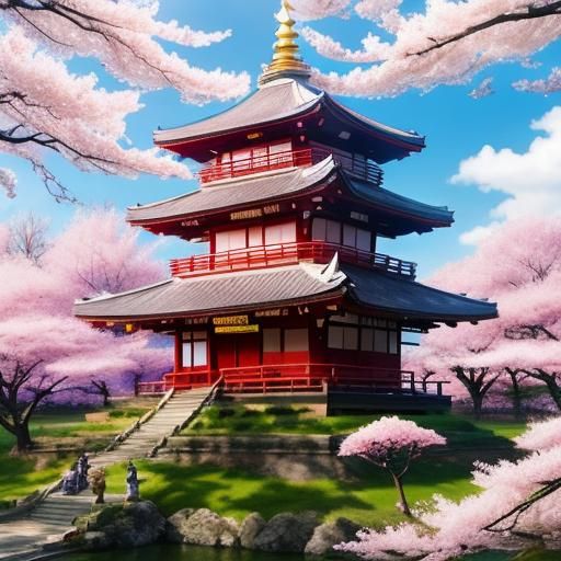 Pagoda Surrounded by Cherry Blossoms in Divine Light