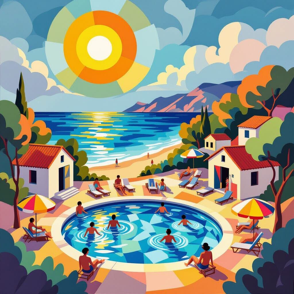 Cubist Seashore Campsite Painting with Pool and Activities