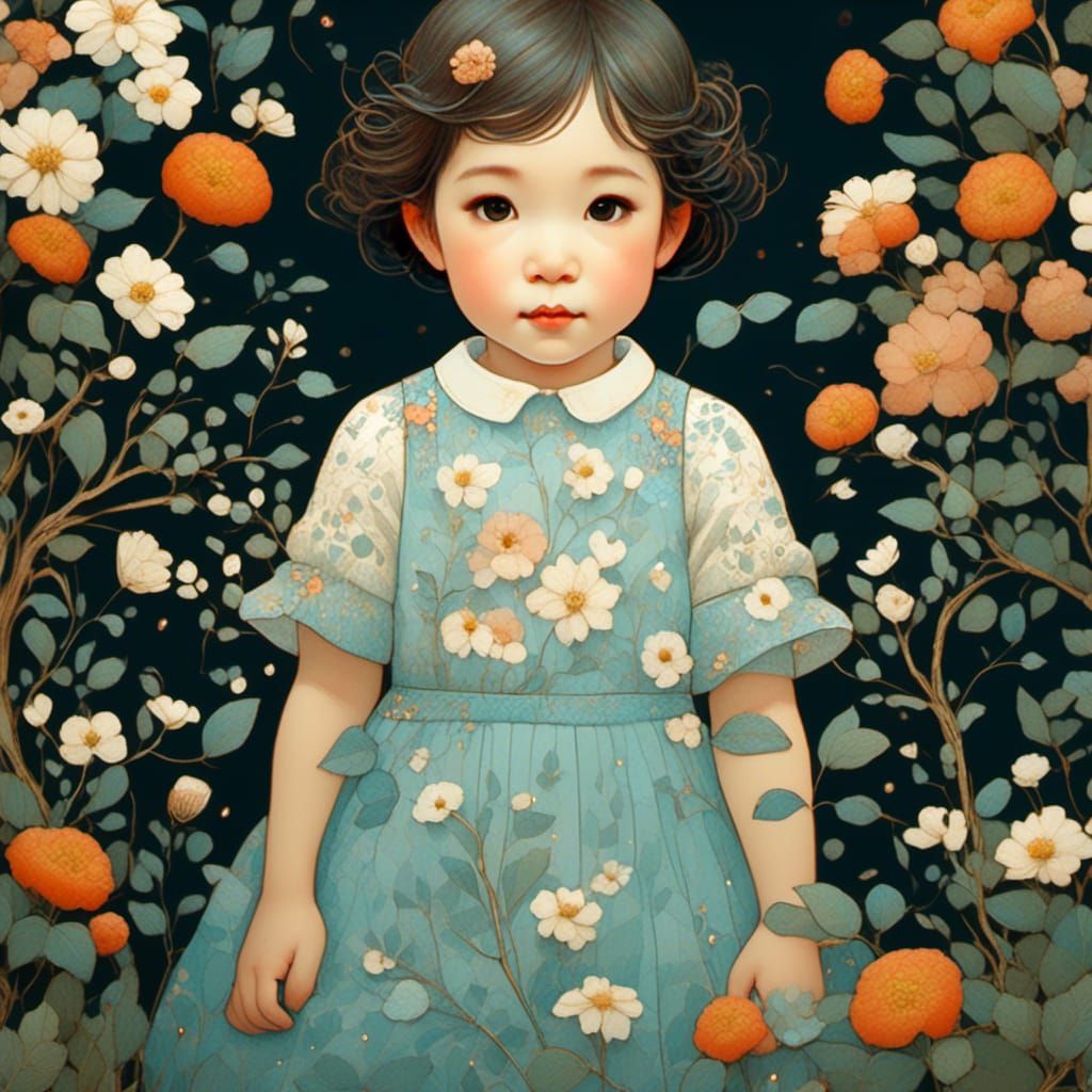 Toddler Girl with Wildflowers: Intricate Digital Illustratio...