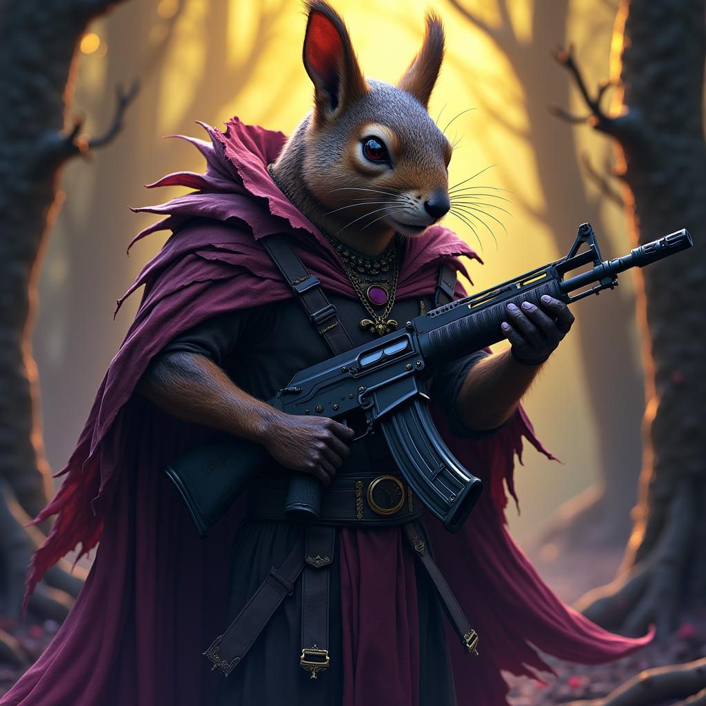Menacing Squirrel with AK-47 in Dark Fantasy Style