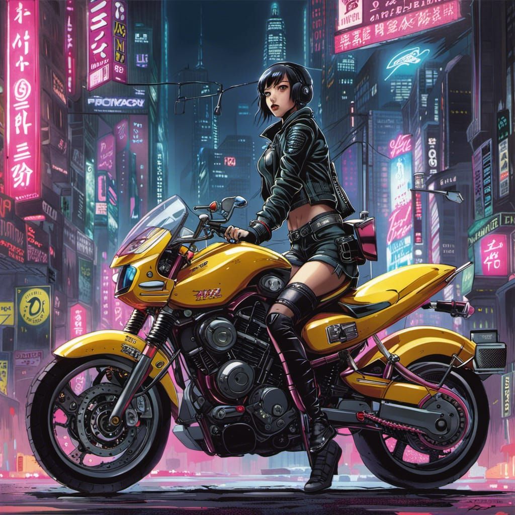 Cyberpunk Girl on Motorbike, Manga Illustration