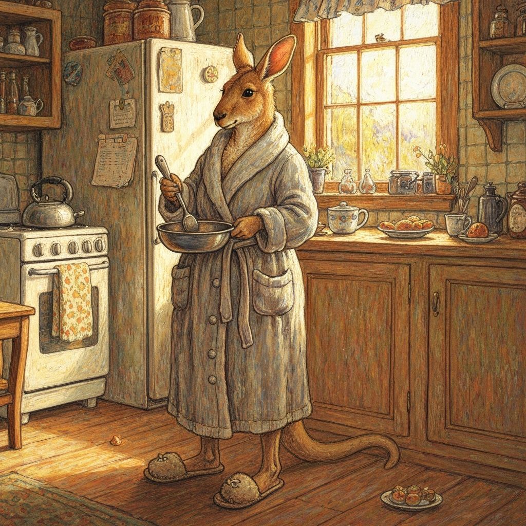 Kangaroo Mom Cooks Breakfast in Cozy Kitchen