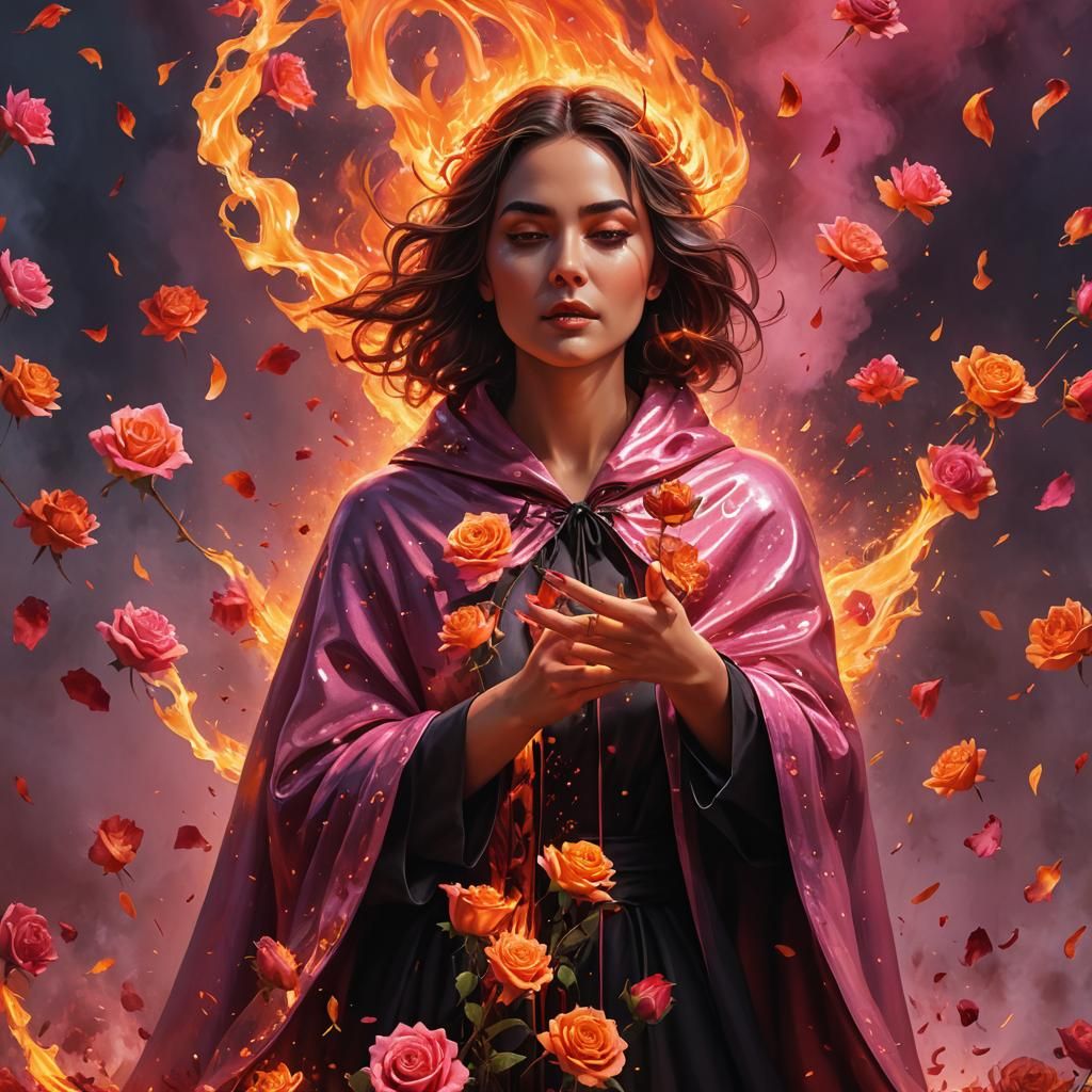 Fire generating Lady 🐞 burning roses. Pixar, Disney, concep...