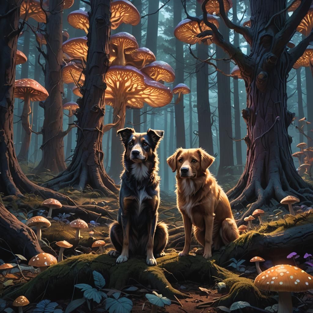 Cute Dog in Dark Forest Digital Painting