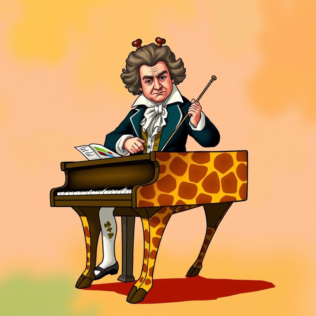 Whimsical Beethoven Plays Giraffe Piano in Vibrant Style