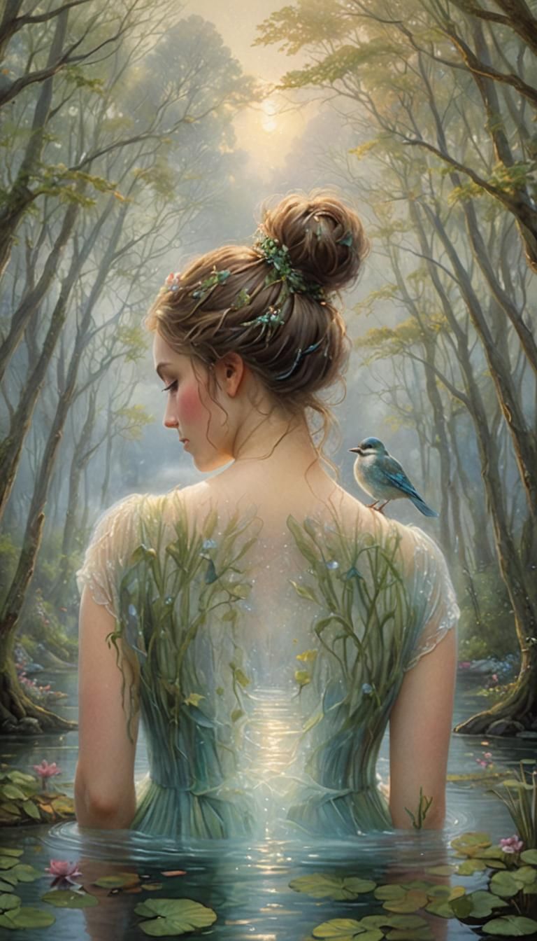 Delicate Water Nymph in Misty Lakeside Dreamscape