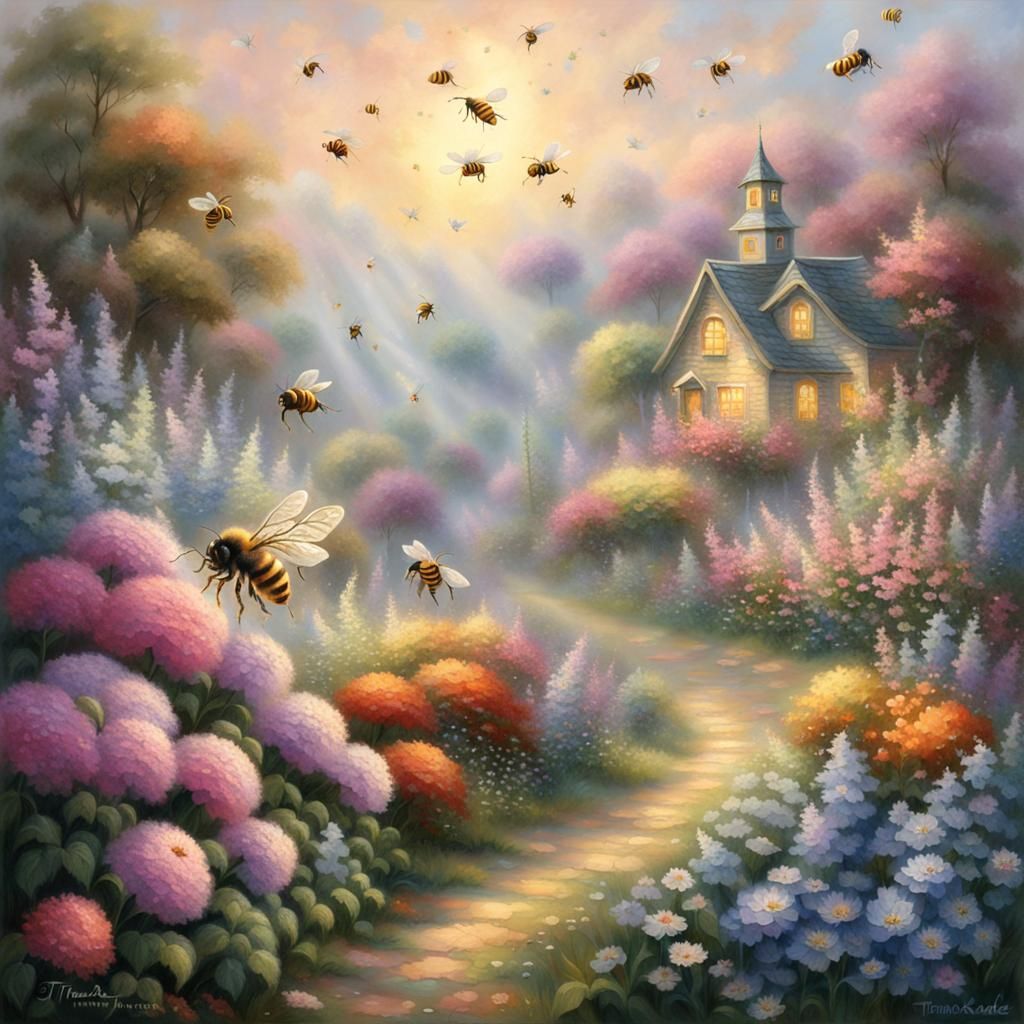 Bees Flying Around Flowers in Ethereal Fantasy Style