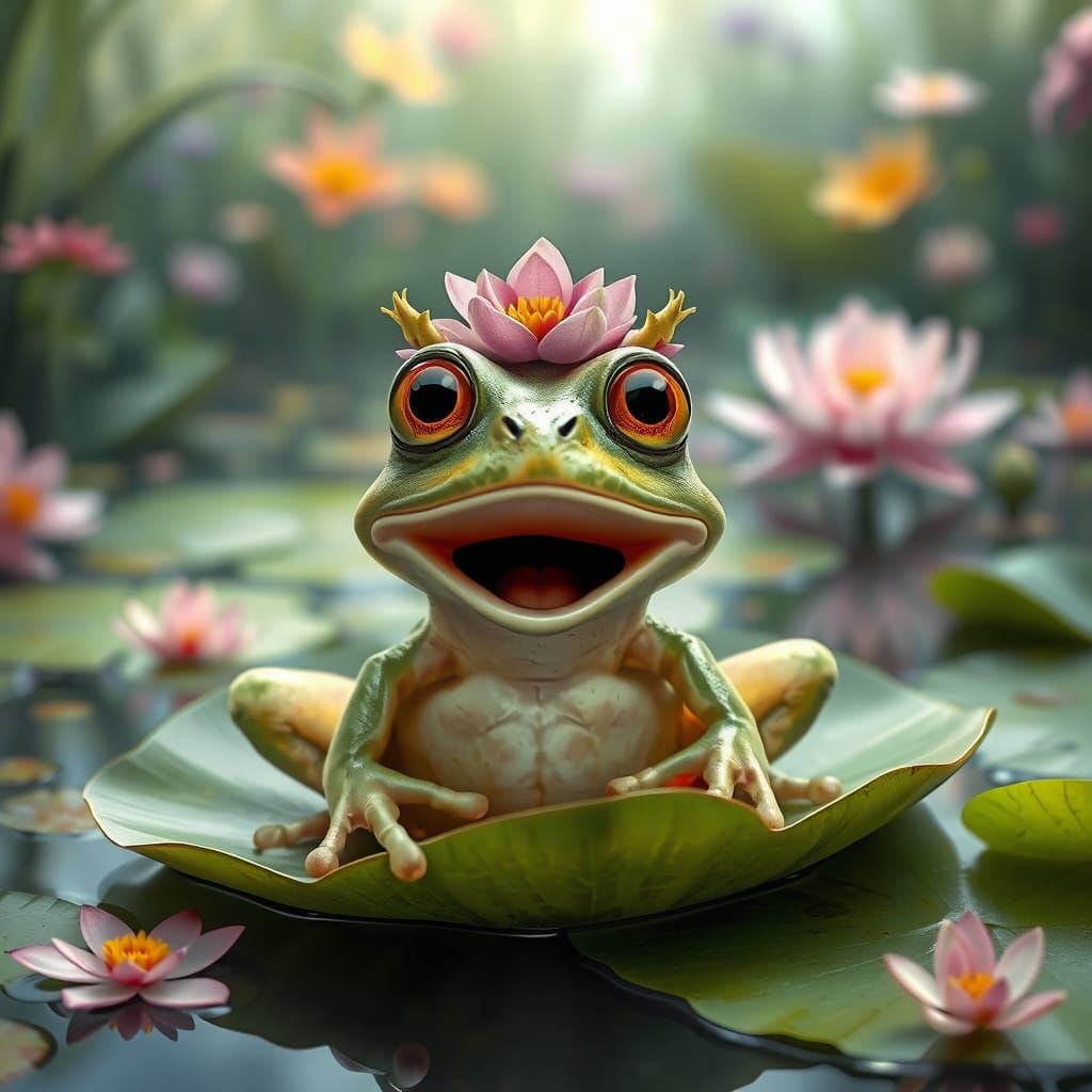 Surprised Frog with Lily Crown in Whimsical Pond