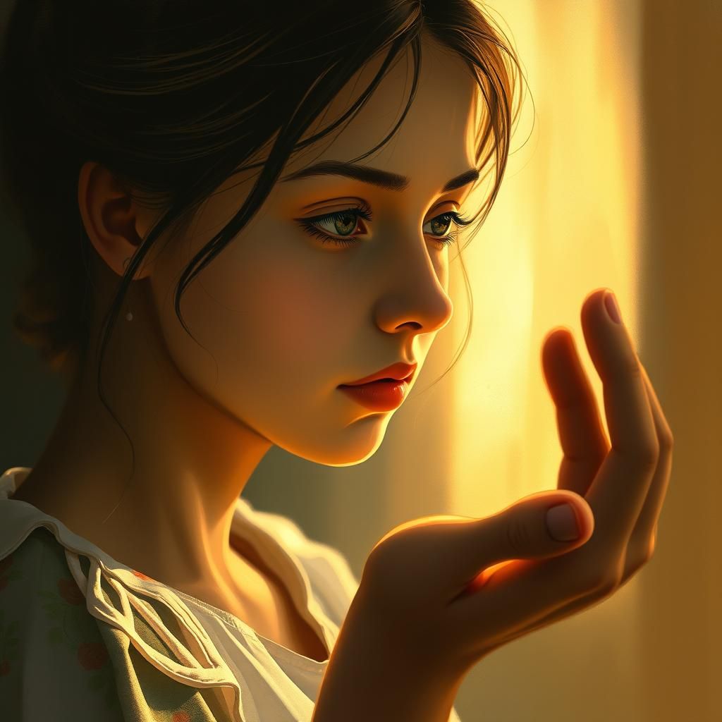 Introspective Woman's Gentle Gesture in Dreamlike Realism