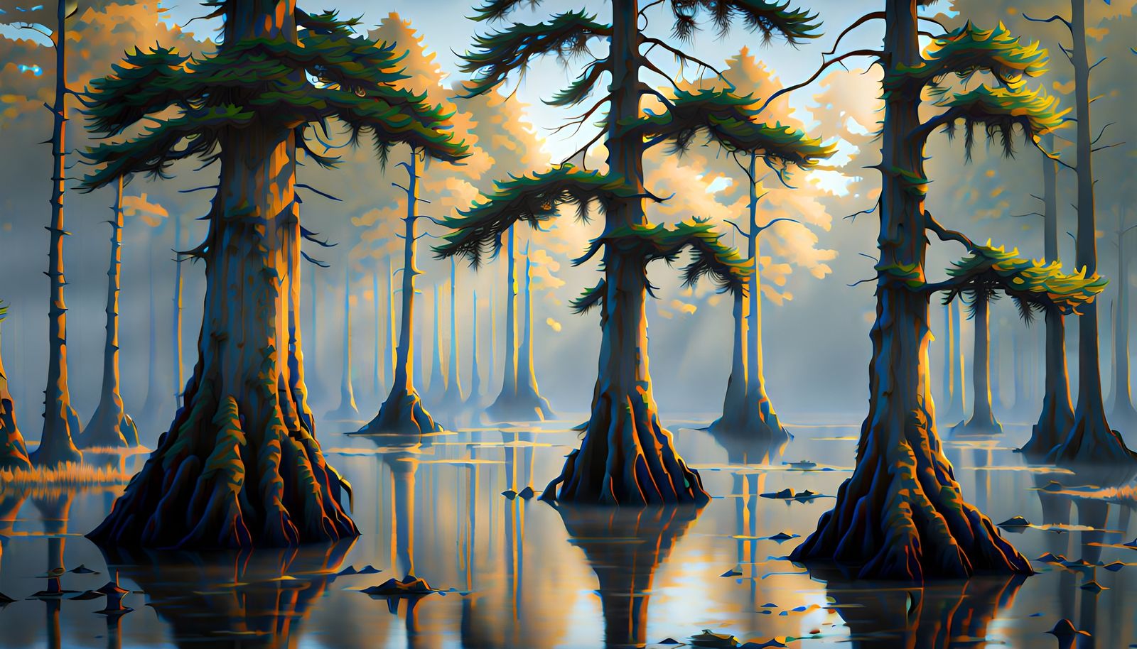 Fantastical Cypress Trees in Marsh with Volumetric Lighting