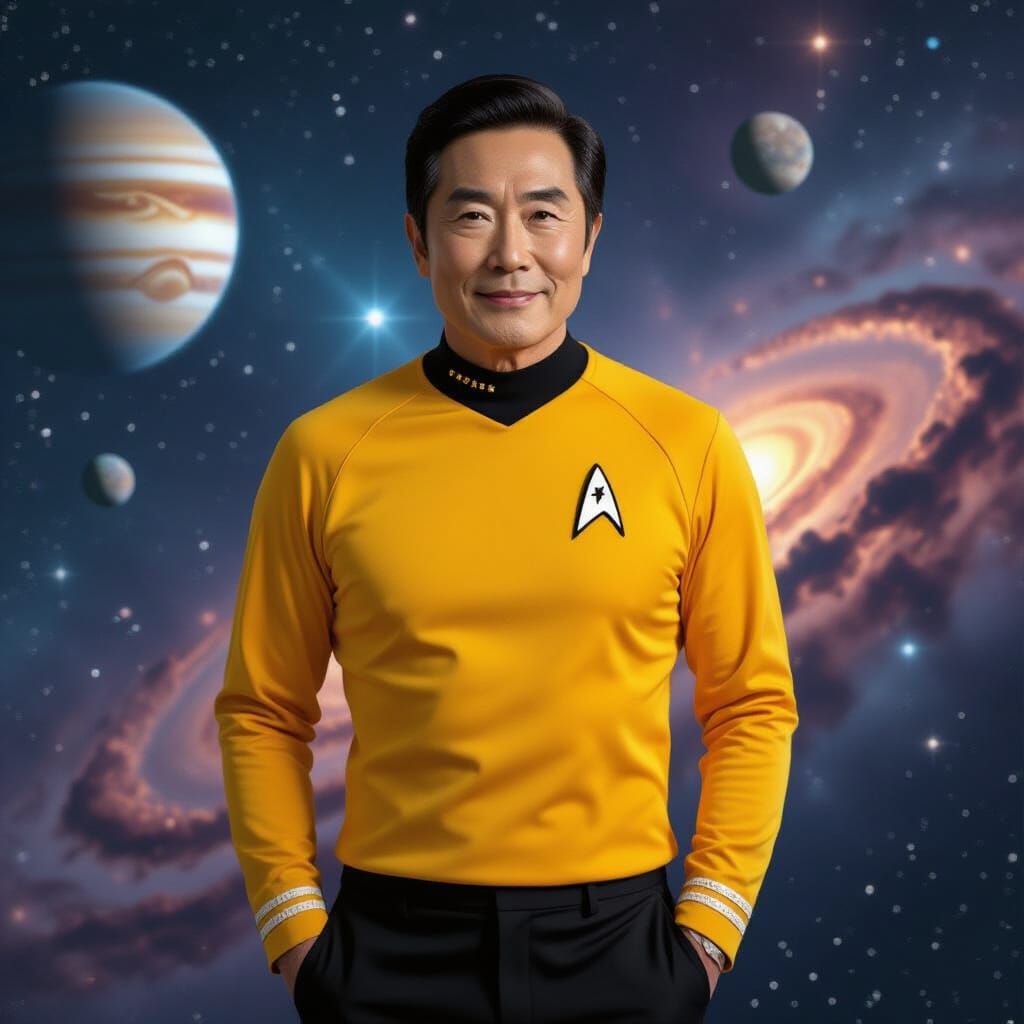 George Takei in Starfleet Uniform Amidst Cosmic Vista