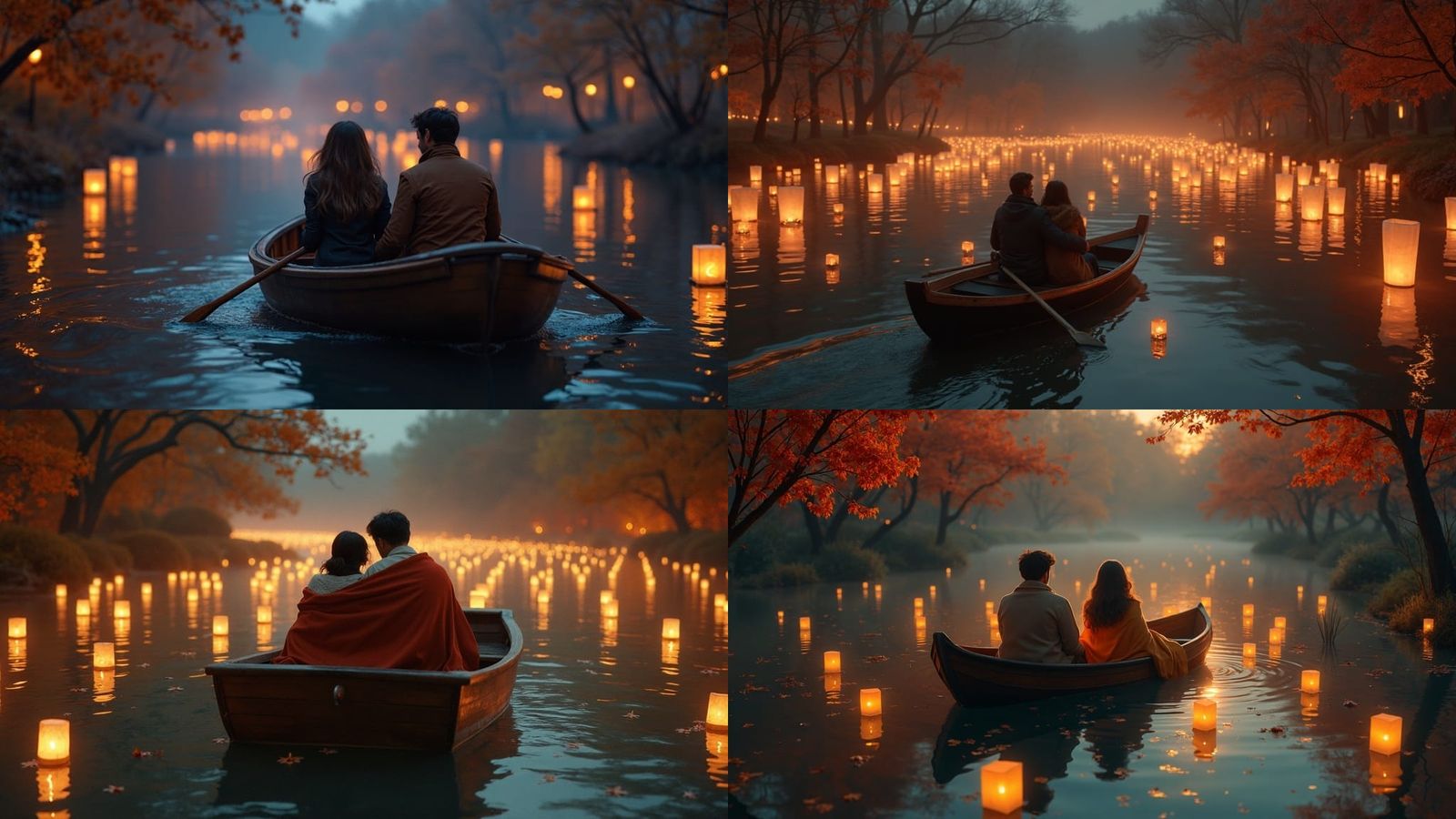 Romantic Autumn Night: Couple in Glowing Lantern Boat