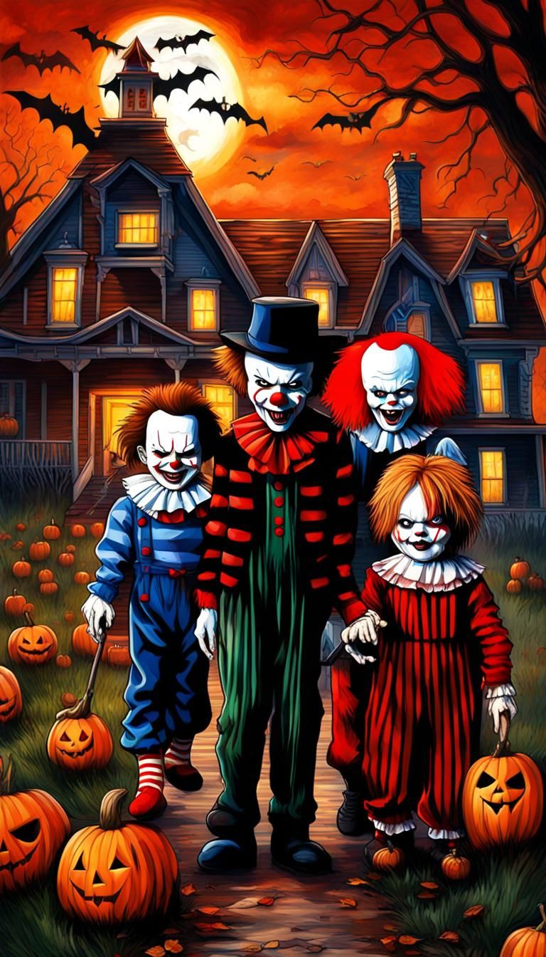 Freddy Krueger, Pennywise, Michael Myers, Chucky, Annabelle, Billy the Puppet together celebrate halloween in countrysid...