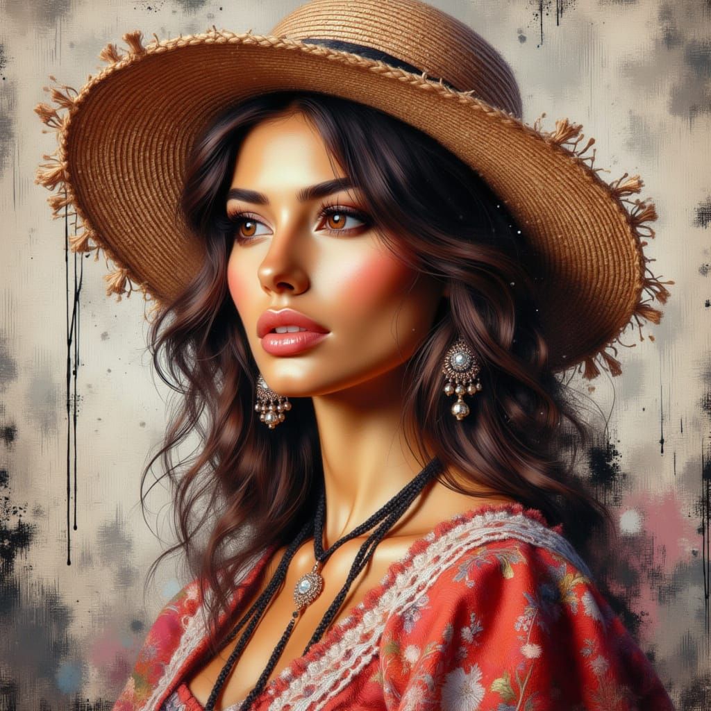 Boho Woman in Straw Hat Painting