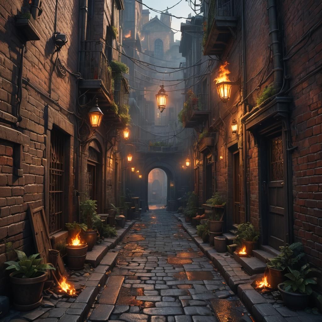 Mystical Alleyway with Fire, Fantasy Concept Art