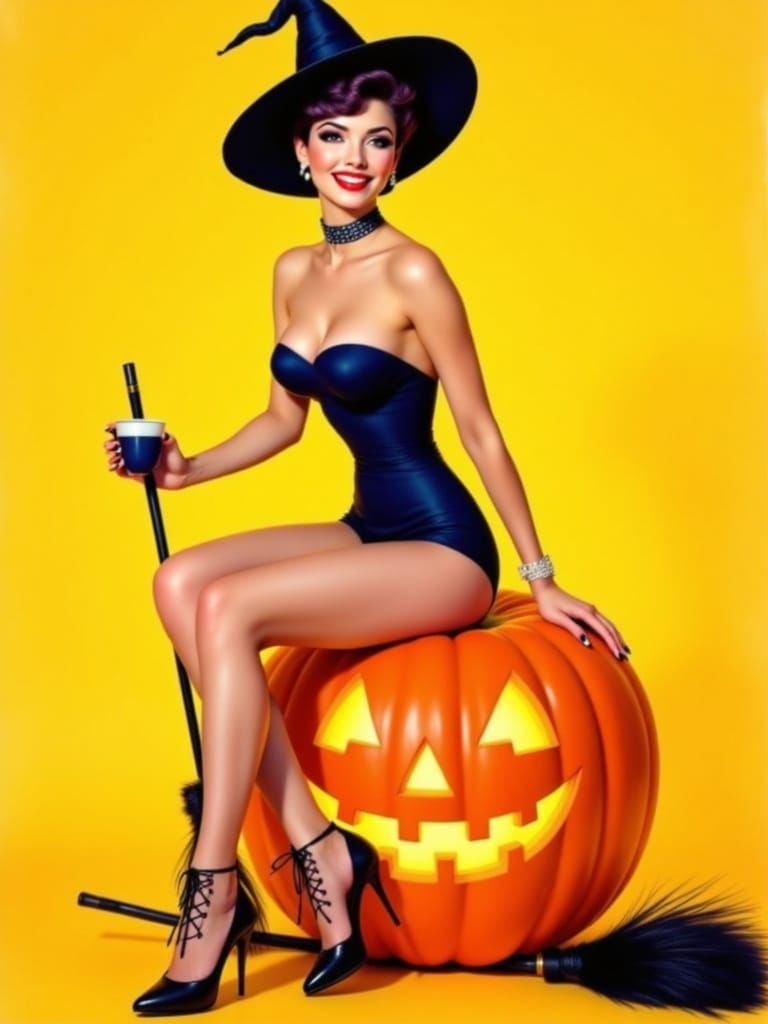 Pin-Up Witch Sits on Jack-o'-Lantern in Mid-Century Style