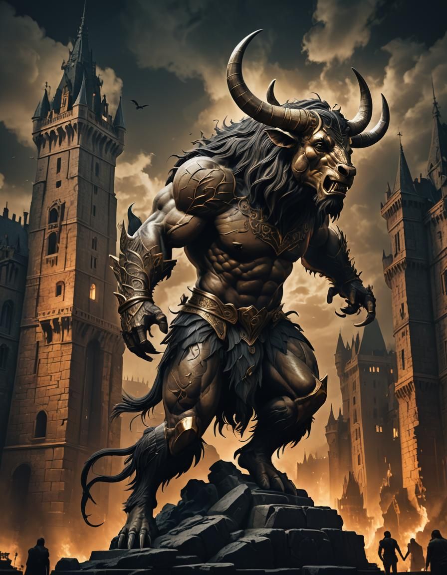 "Create a striking, hyper-realistic image of a towering Mino...