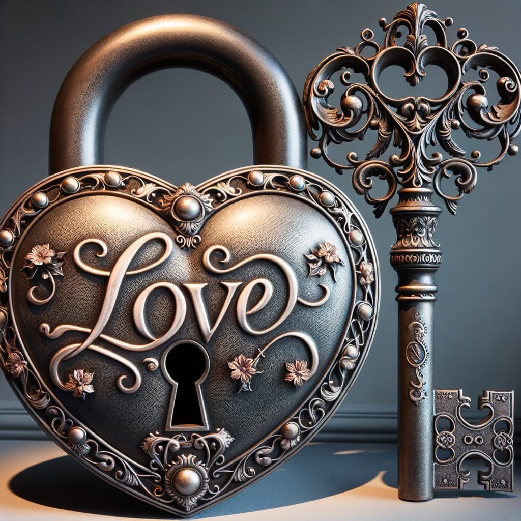 Antique Heart Lock and Key with 'LOVE' Inscription