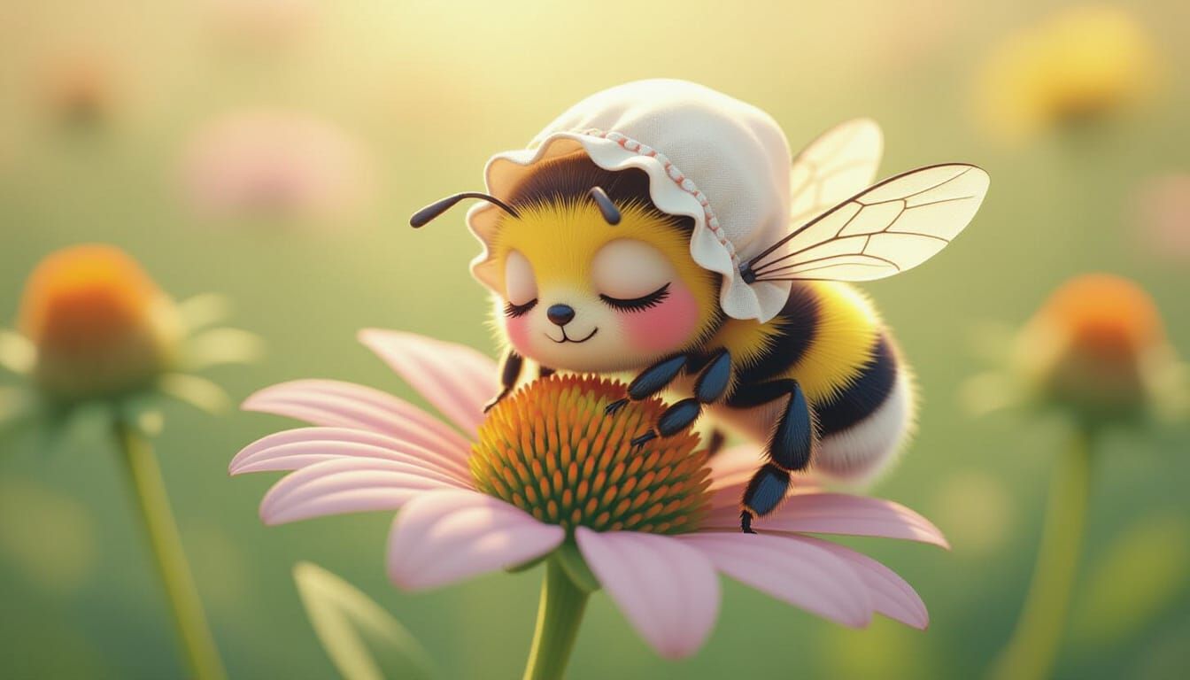Sleepy Bee in Bonnet on Flower, CGI Aesthetic