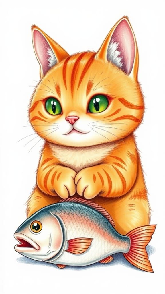 A drawing of a chubby orange tabby cat in chibi style with shining eyes, gazing eagerly at a large, delicious fish in fr...