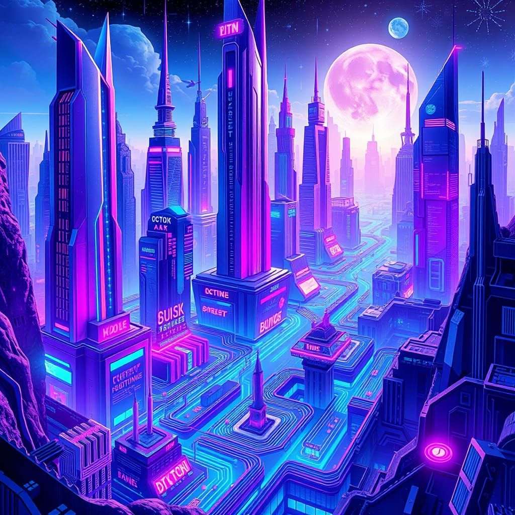 Futuristic Cryptocurrency Ecosystem in Neon-Lit Splendor