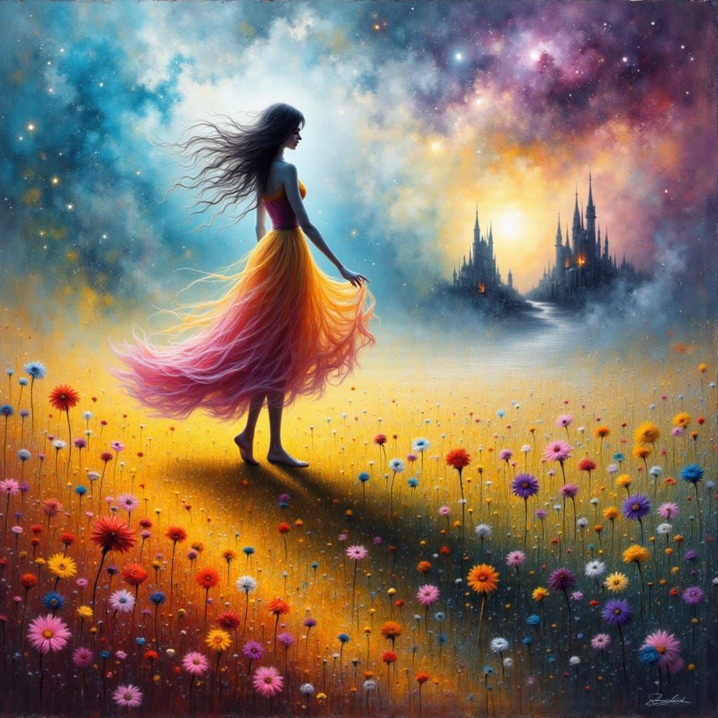 Woman in Dandelion Field as Impasto Oil Painting