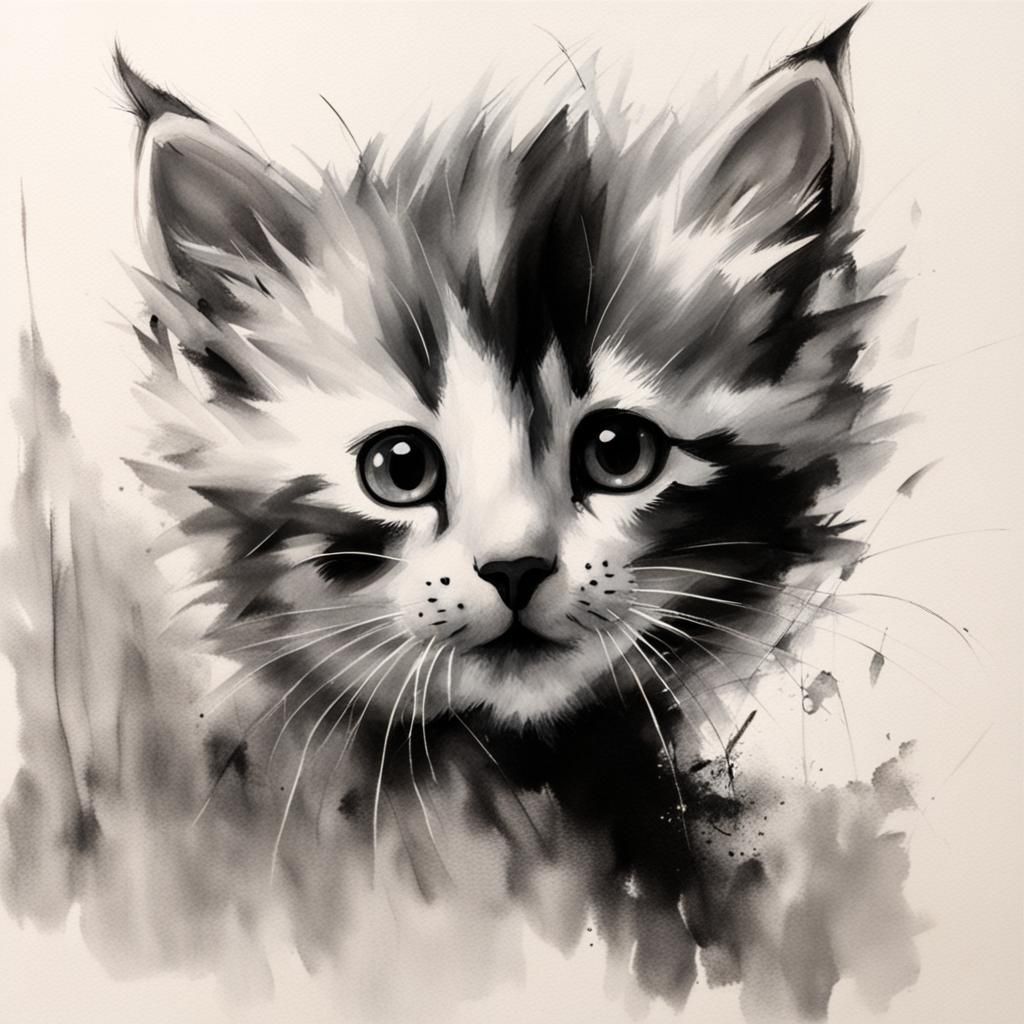 Kitten Portrait in Scratchboard Style