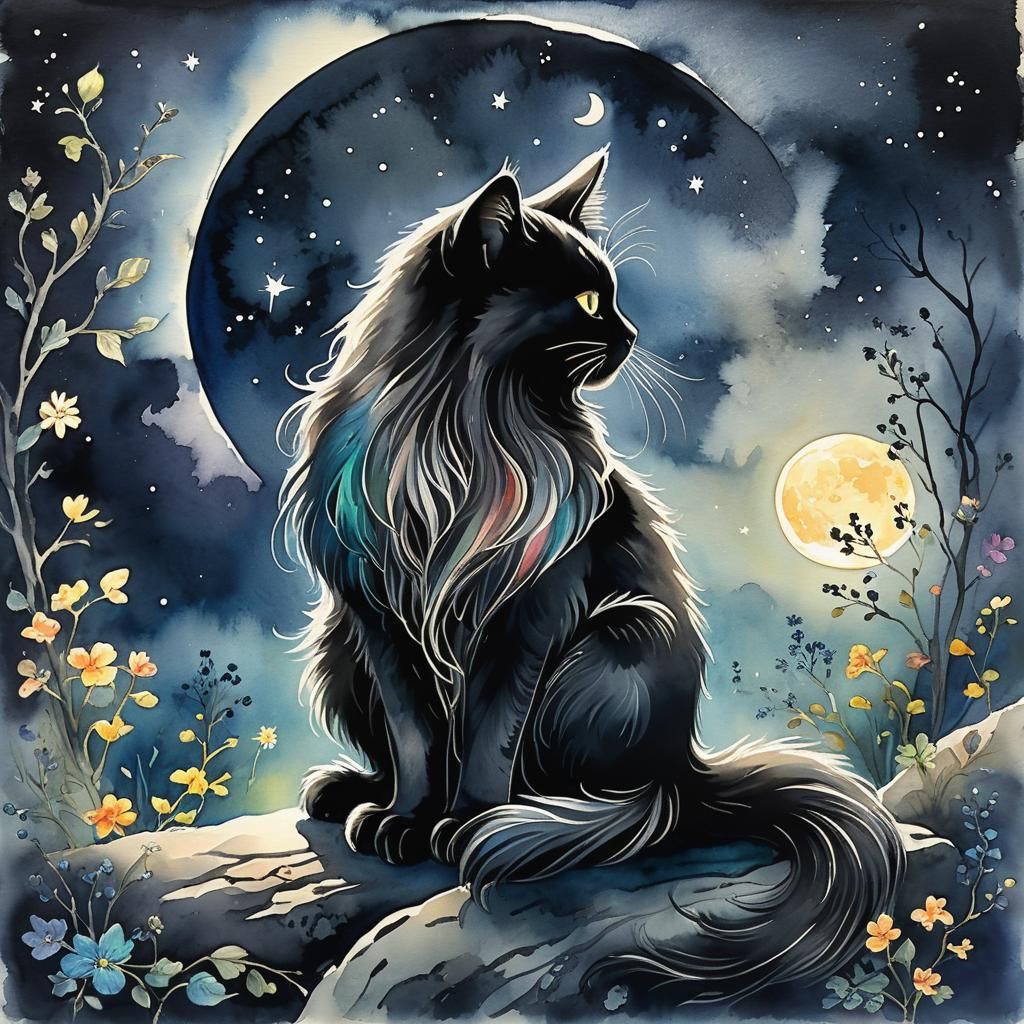 Ink Wash Painting of Whimsical Black Cat