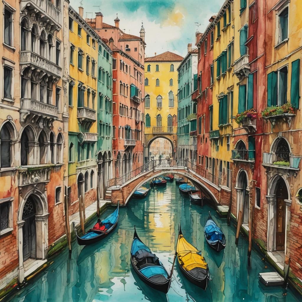 Vibrant Venice Canal in Watercolor Sketch Style