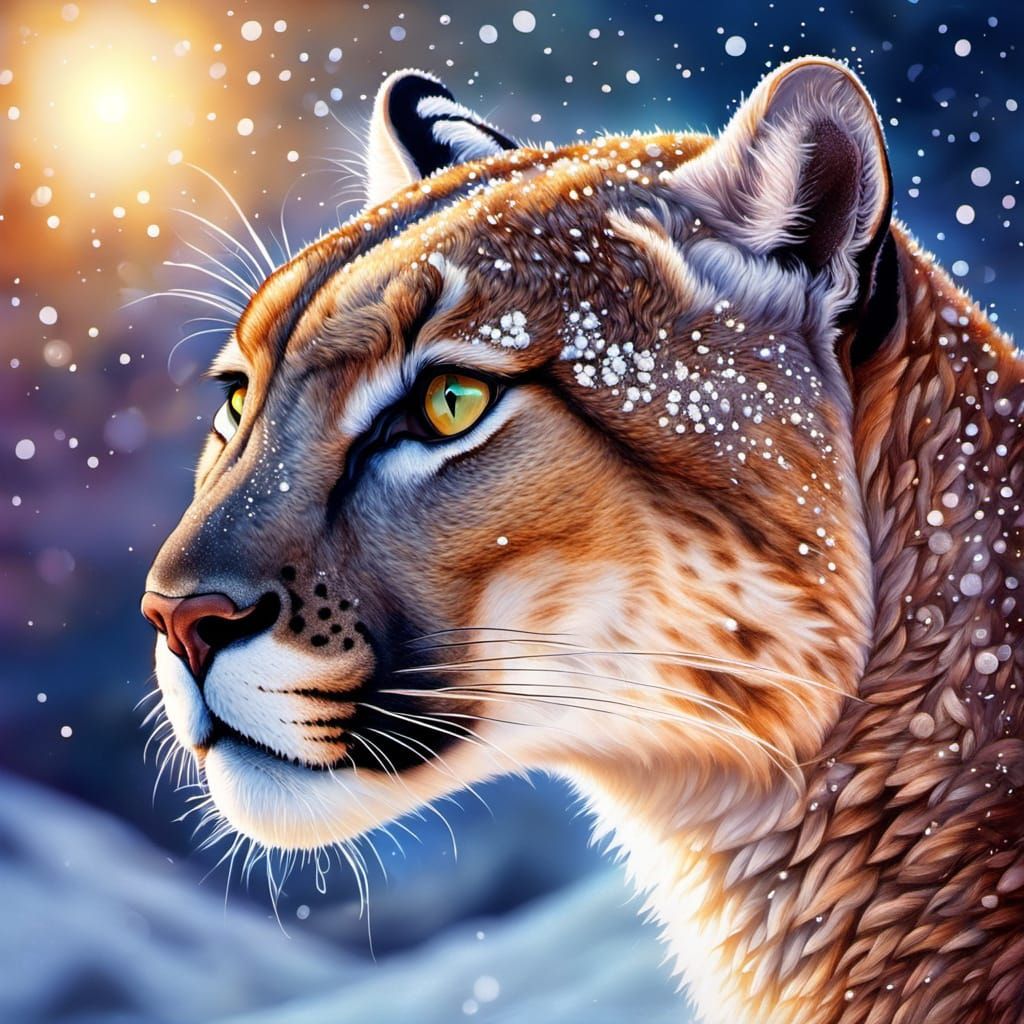 Stardust Puma on Snowy Peak: Oil Painting