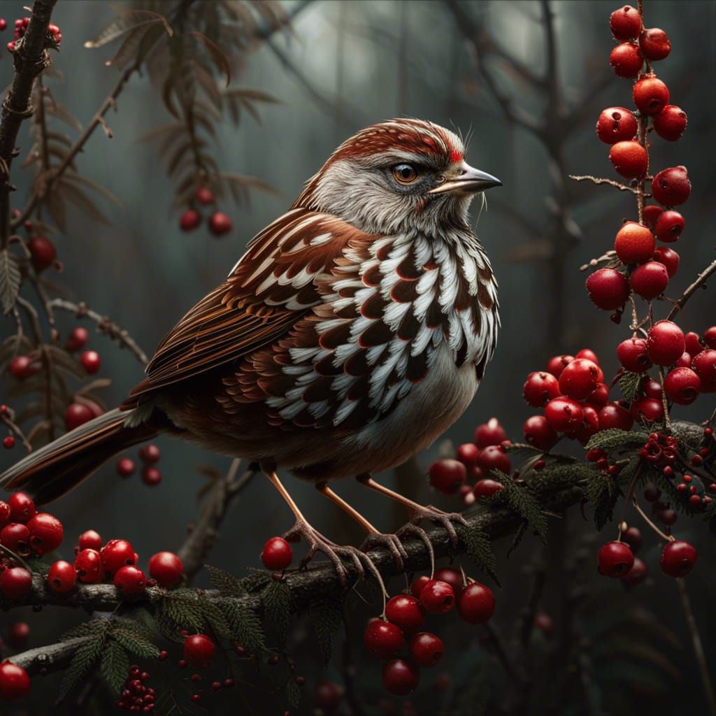 Ornate Fox Sparrow on Berry Branch in Hyperrealism