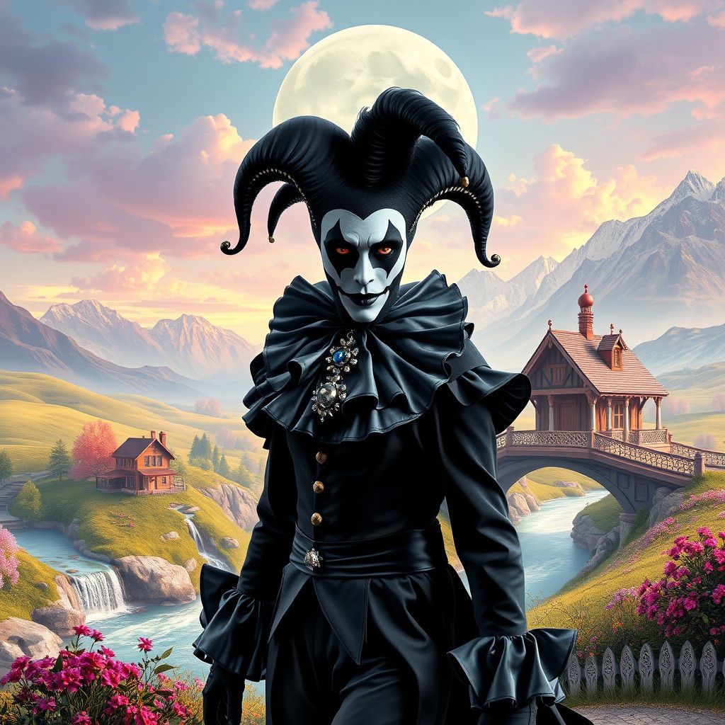 Dark Harlequin Jester in Dreamlike Landscape: 3D Render