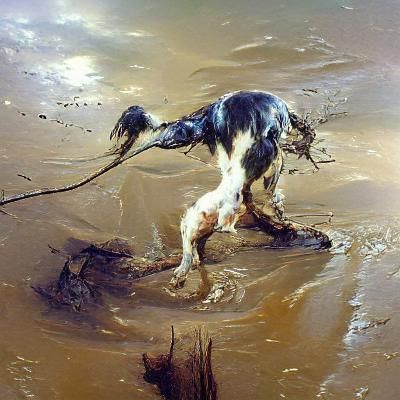 Dog Hind Legs Stuck in Mud, Oil Painting