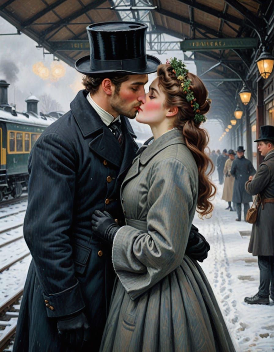 Romantic Victorian Railway Station Kiss in Snowy Landscape