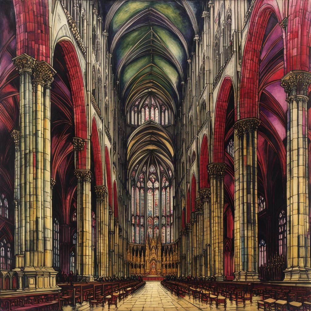 Chartres Cathedral: Encaustic Ink Drawing in Red-Purple