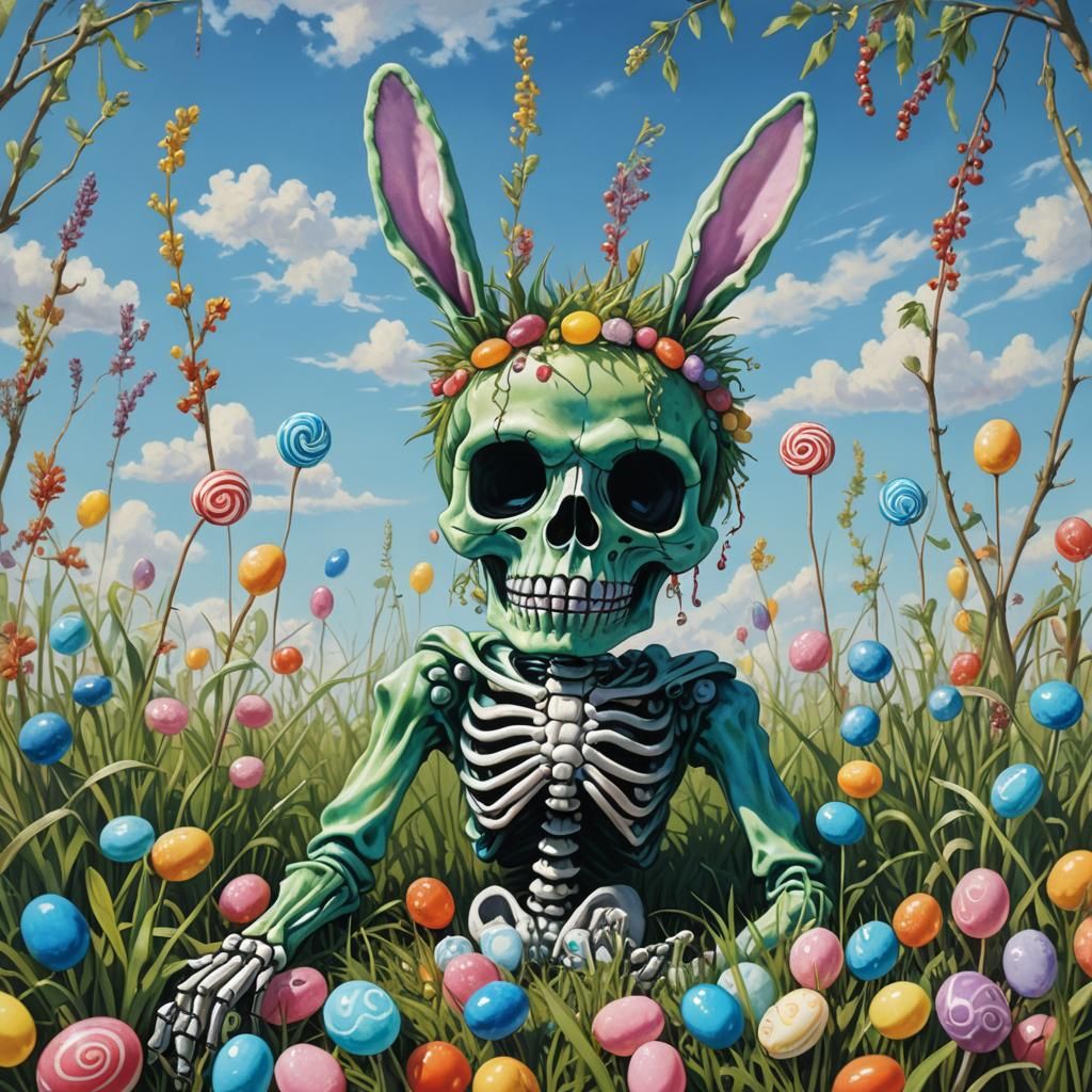 Pastel Tie-Dyed Skeleton with Bunny Ears