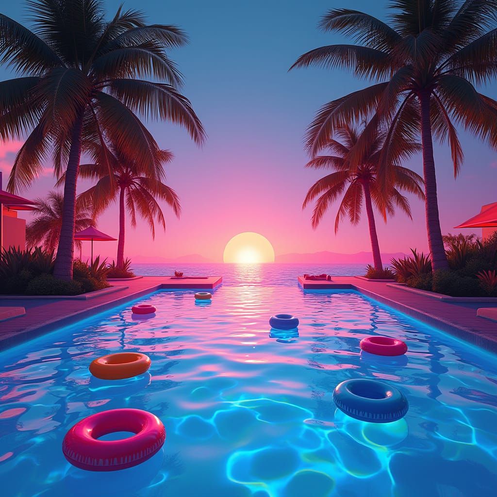Electric Summer Oasis in Retro-Futuristic Style