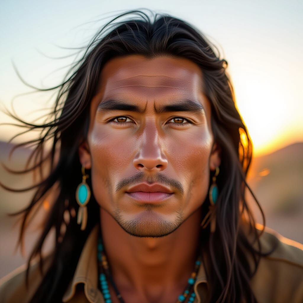 Handsome Native American Man Portrait in Golden Desert Light
