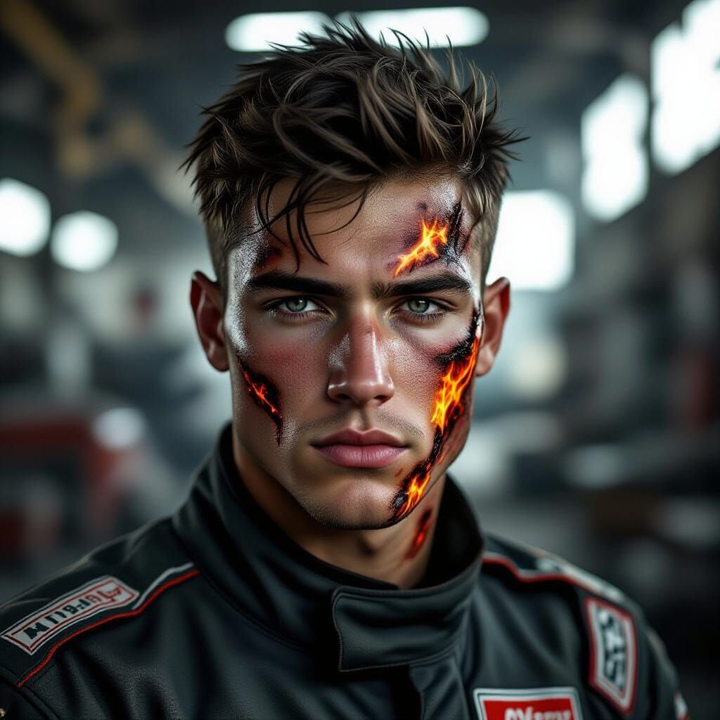 Dark Portrait of Scarred Racer in Grimy Workshop