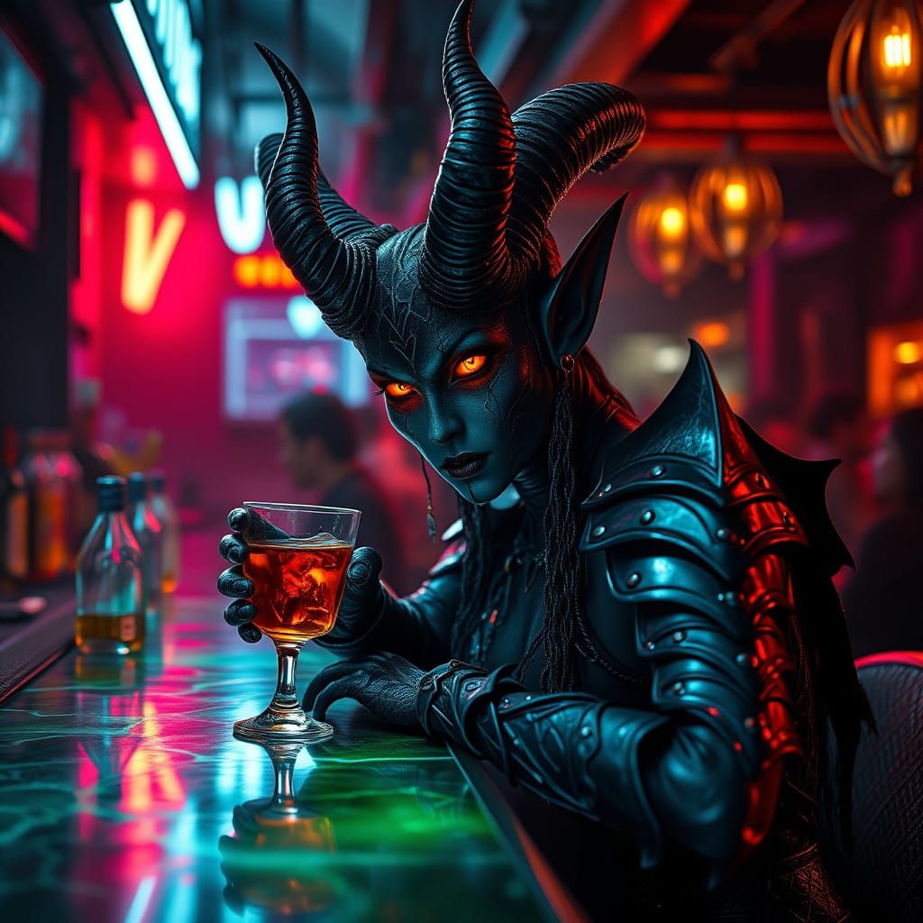 Surreal Demoness Enchants in Modern City Bar with Infernal F...