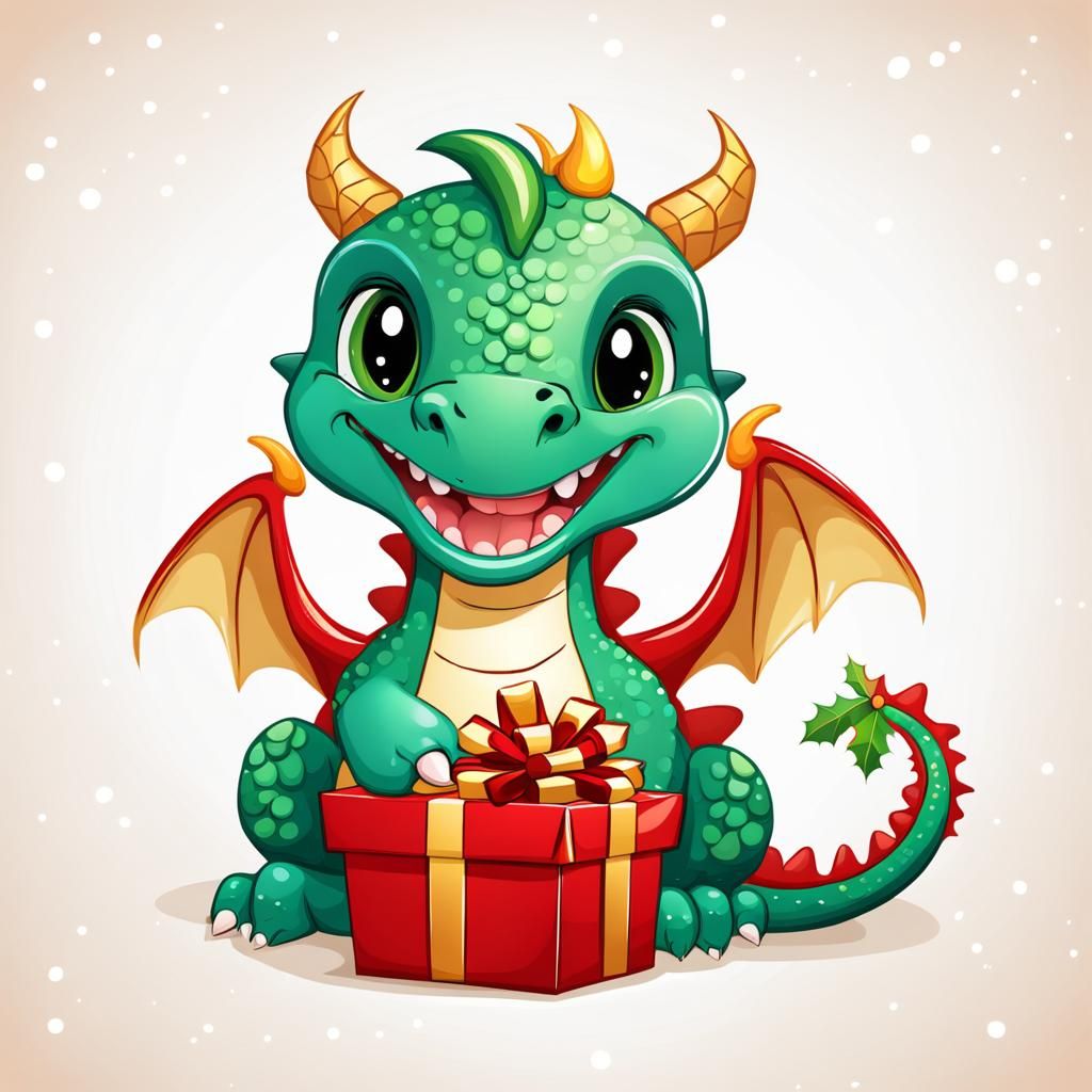 Festive Cartoon Baby Dragon with Christmas Gift