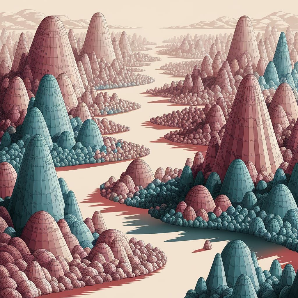 Whimsical Ink Drawing of a Geometric Landscape