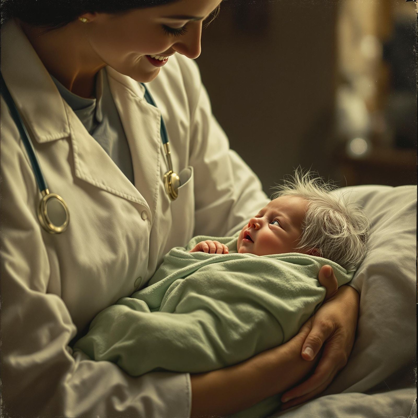 Serene Doctor Holds Elderly Newborn Baby in Soft Green Blank...