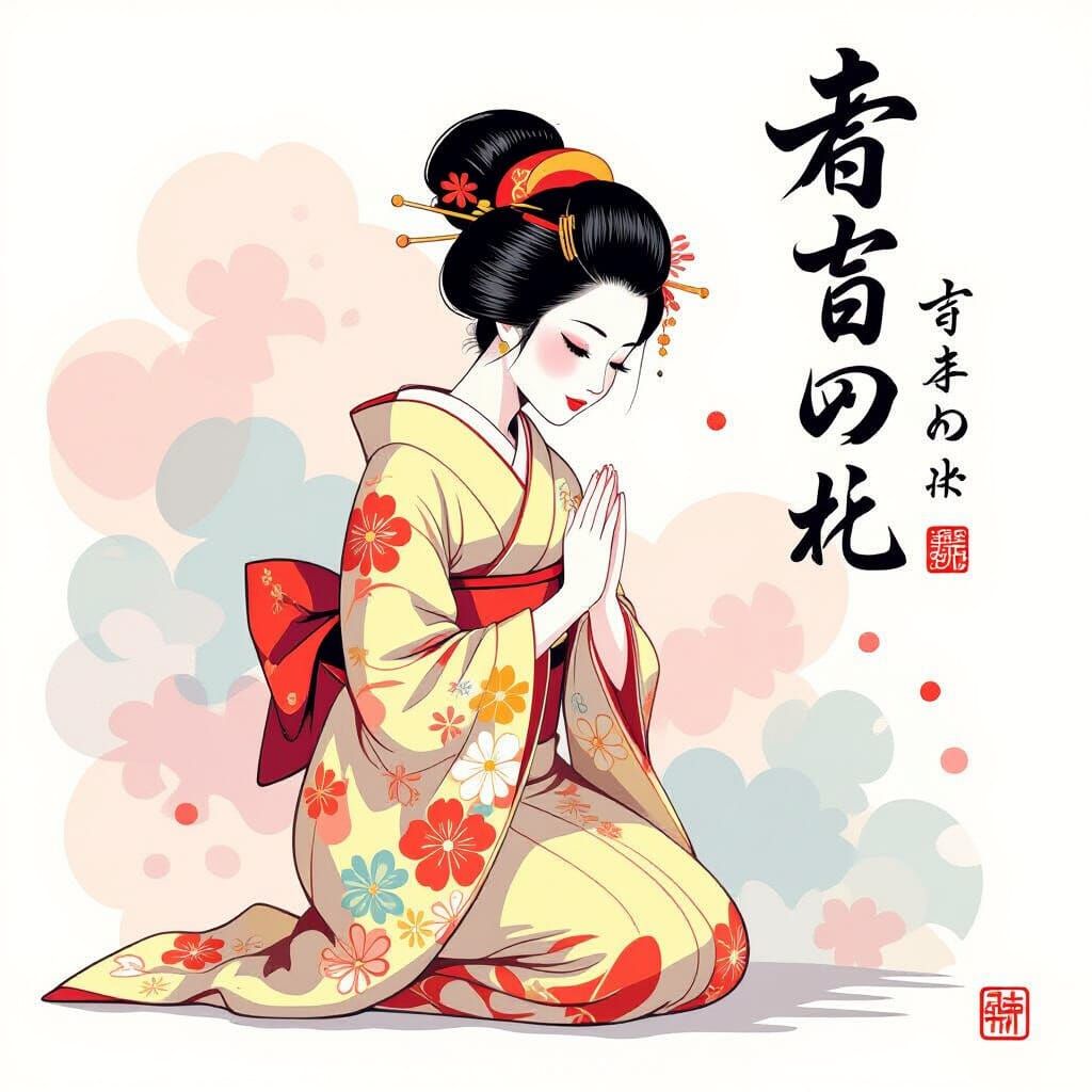 Japanese Woman Bowing in Vibrant Inksplash Style