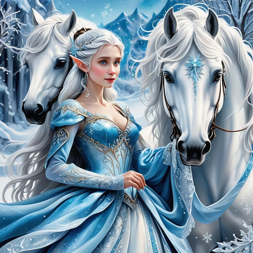 Icy Elf Princess on Ice Horse in Winter Wonderland