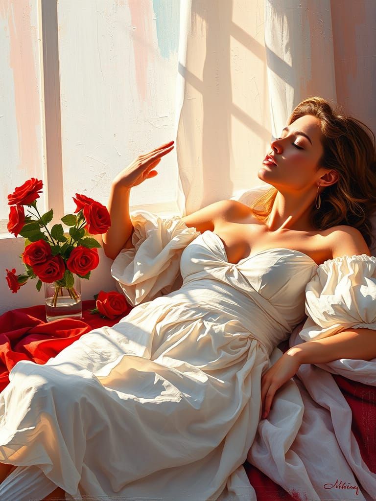 Woman in White Dress: Impasto Oil Painting