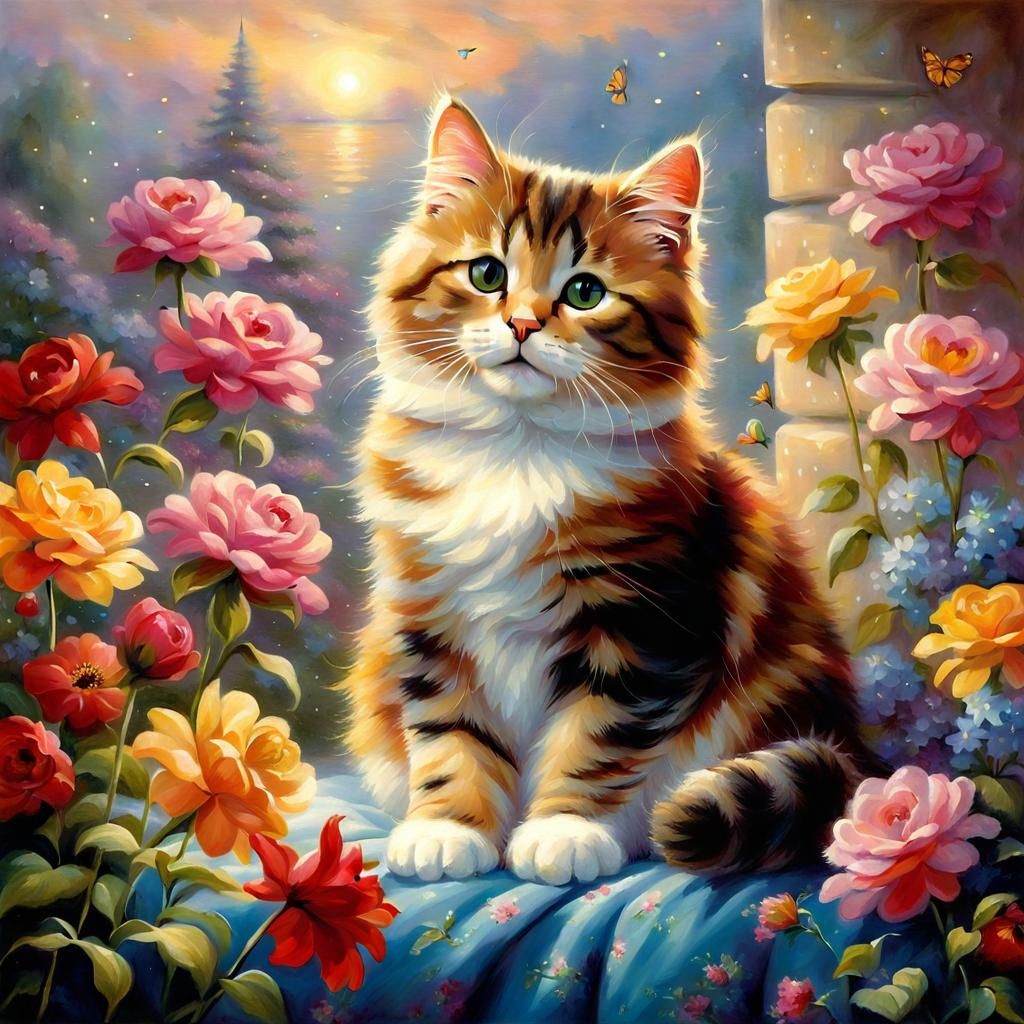 Cute Cat in Flower Garden, Luminous Style