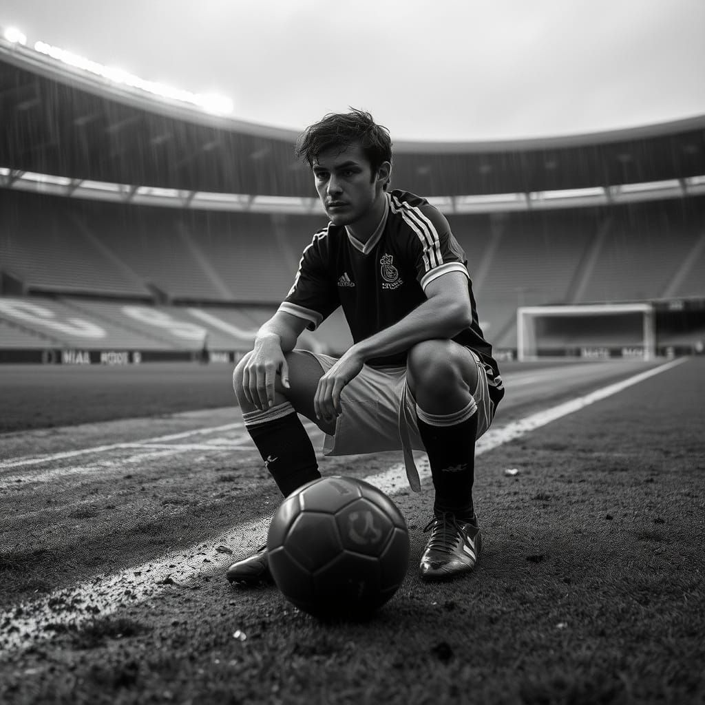 Melancholic Soccer Player in Empty Stadium
